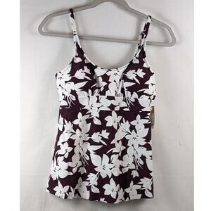 Kona Sol Tankini Swimsuit Top Scoop Neck‎ Full Coverage Burgundy S 4-6 Floral